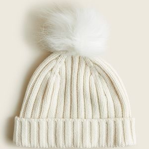 New! J Crew White Ribbed beanie with faux-fur pom-pom Cap NWT